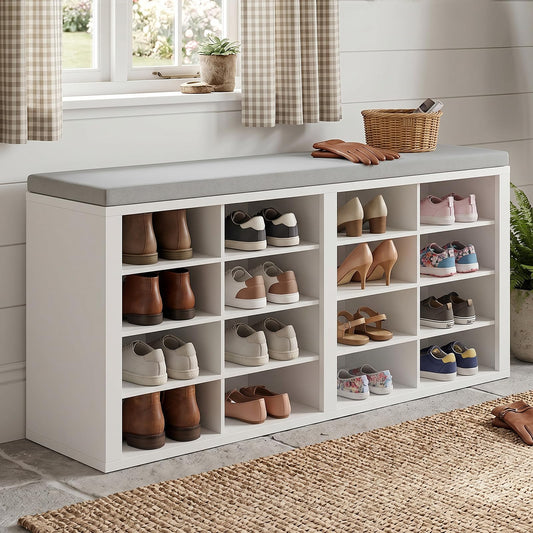 Shoe Storage Bench with 16 Cubbies and Cushion, White and Gray