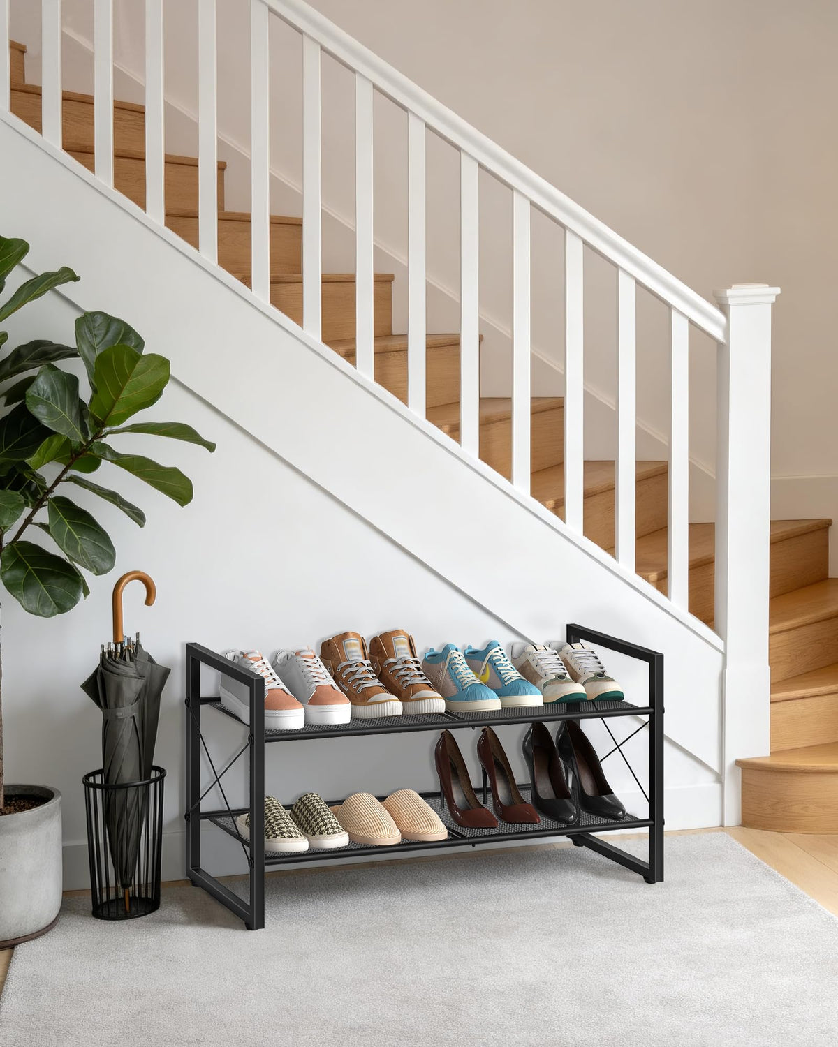 Low 2 Tier Metal Shoe Rack, 30 Inch Wide, Black Mesh
