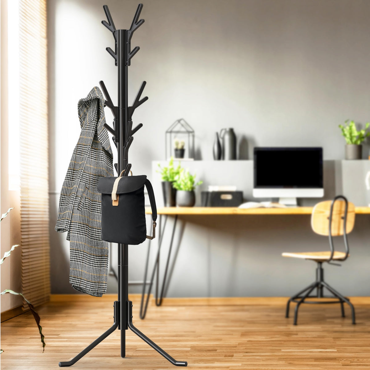 Tree Style Coat Stand with 18 Hooks, 71 Inch, Black Metal