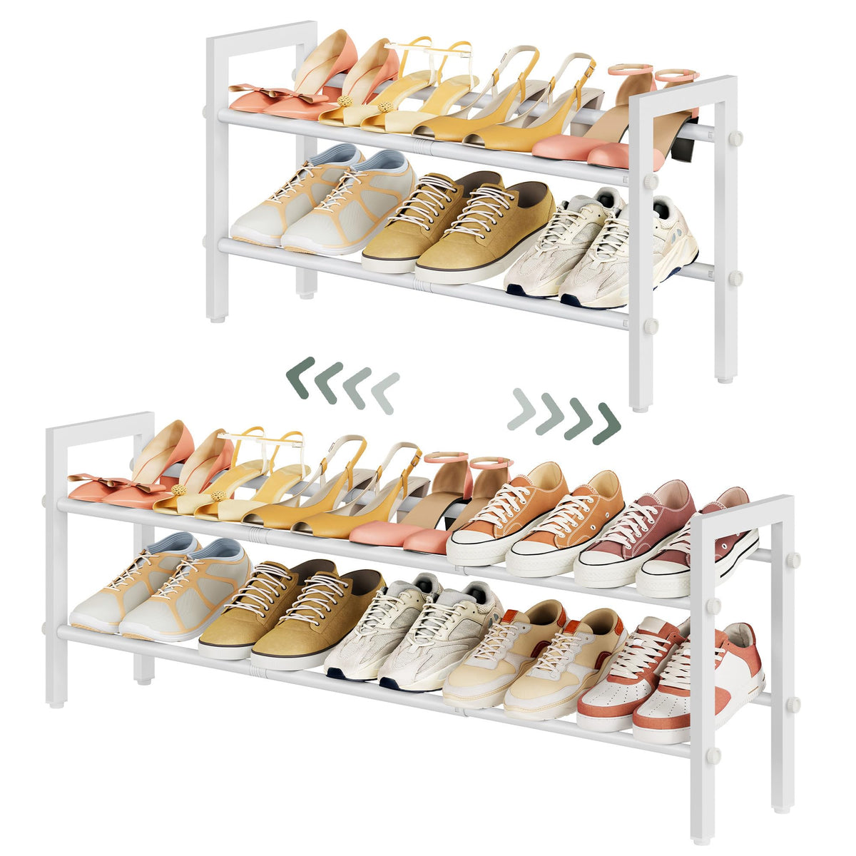 Low 2 Tier Shoe Rack, Expandable 29.3 to 41.5 Inch, White