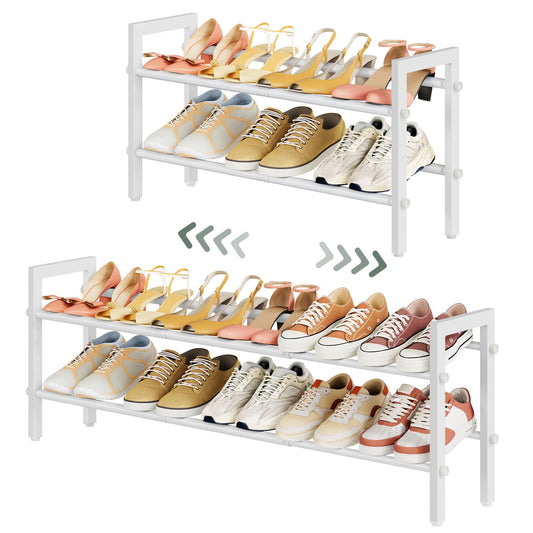 Low 2 Tier Shoe Rack, Expandable 29.3 to 41.5 Inch, White