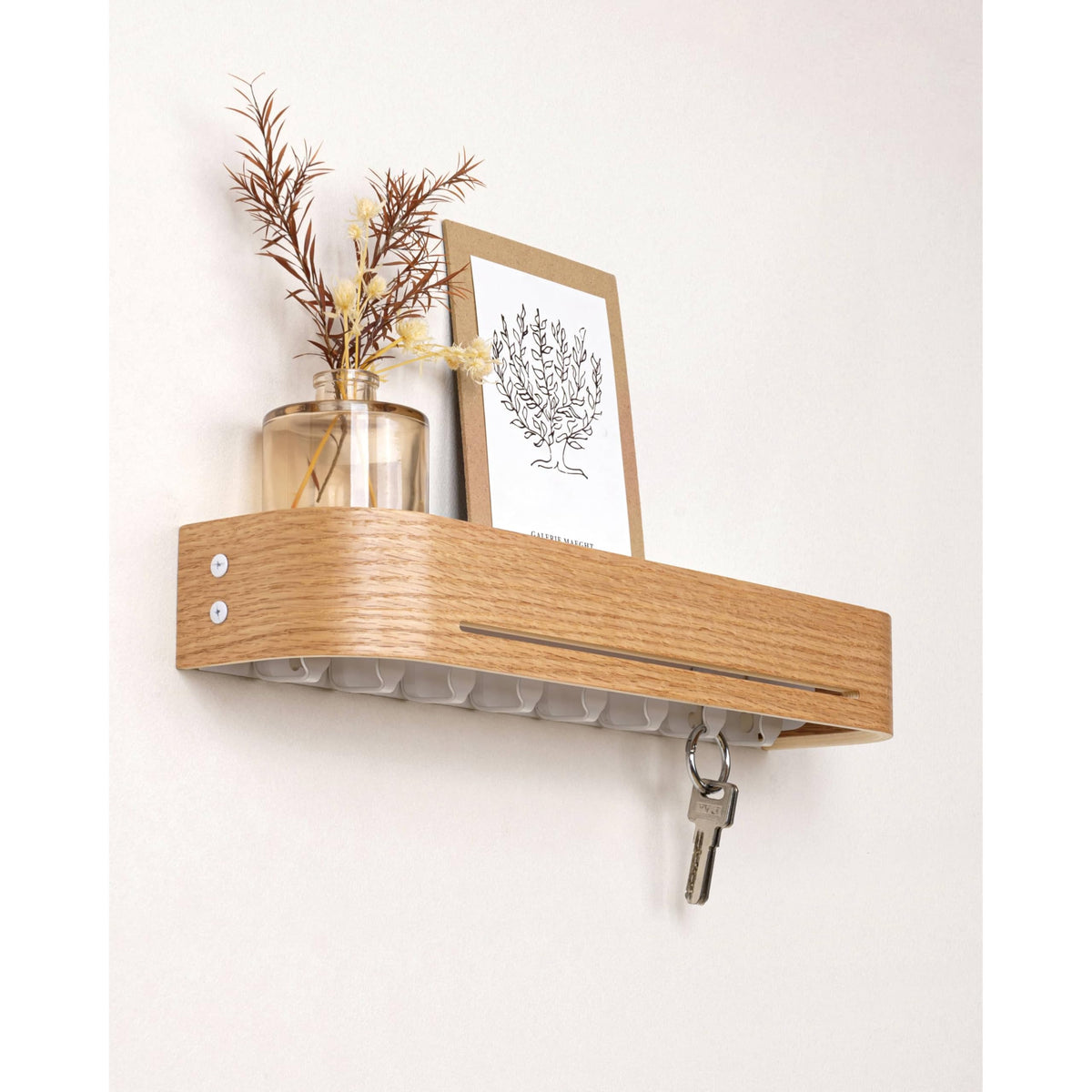 Key Holder Shelf with Sliding Hide-Away Hooks, 16 Inch, Oak Finish