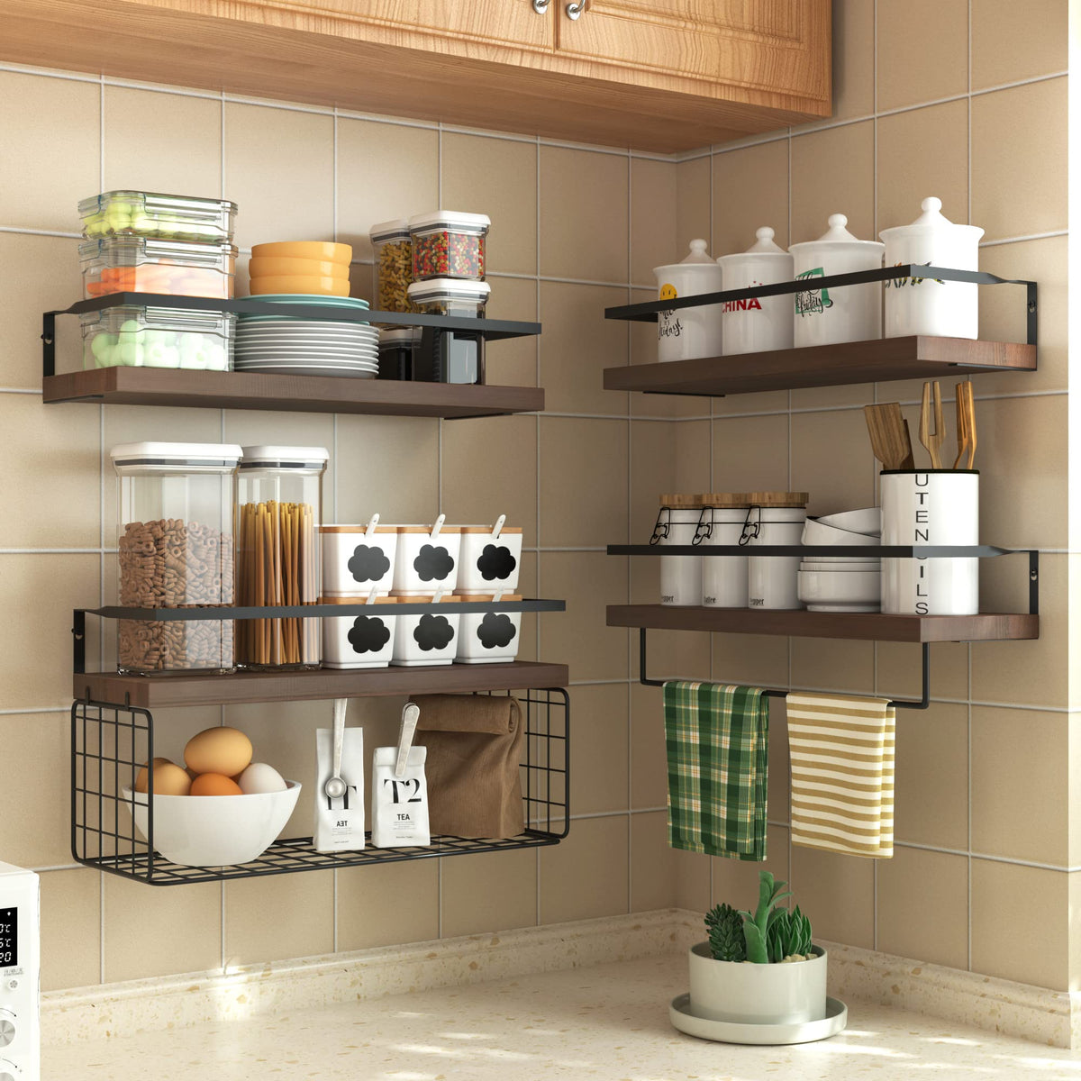 Dark Brown Bathroom Wall Shelf Set of 4 with Wire Basket and Towel Bar