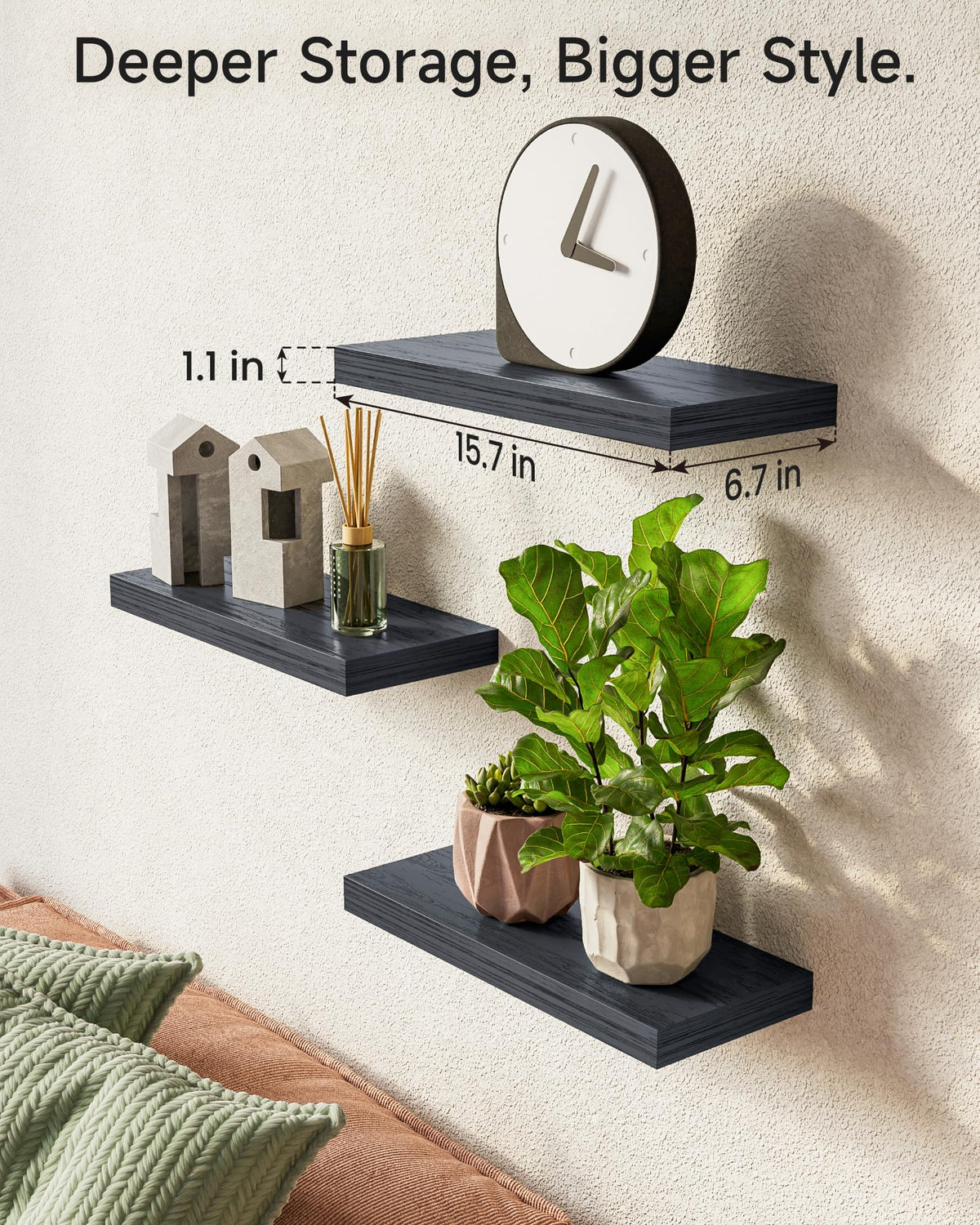Rustic Wood Floating Shelves, Set of 3, 15.7 Inch Wall Mounted Shelves, Black
