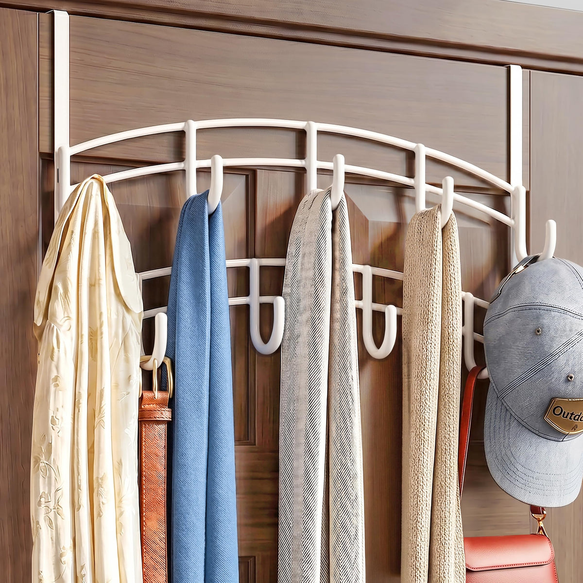 White Over the Door Coat Rack, 9 Hooks on 2 Tiers, Steel Hanger