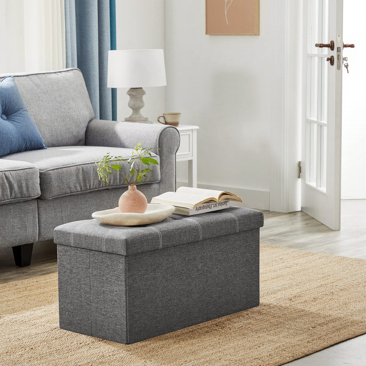 Tufted Storage Ottoman, 21 Gallon Folding Chest, Dark Gray and White