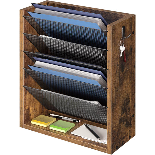 Rustic Brown Wall Mail Organizer with Key Hooks, Hanging File Holder