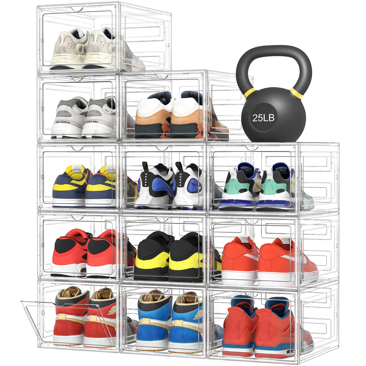Hard Plastic Shoe Boxes, 12 Pack, XL Clear Display Shoe Storage