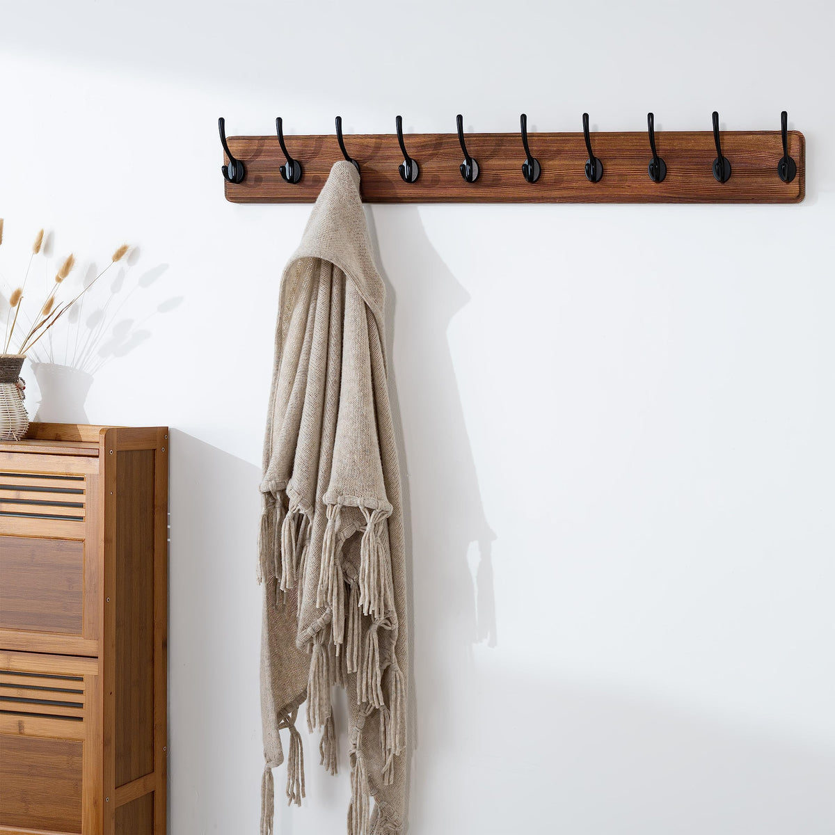 Rustic Wood Coat Rack, 38 Inch, 10 Hooks, Brown and Black
