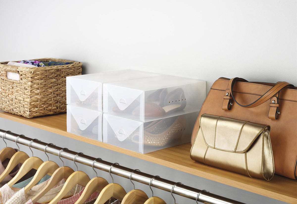 Clear Women's Shoe Boxes, Set of 4, Foldable White Plastic