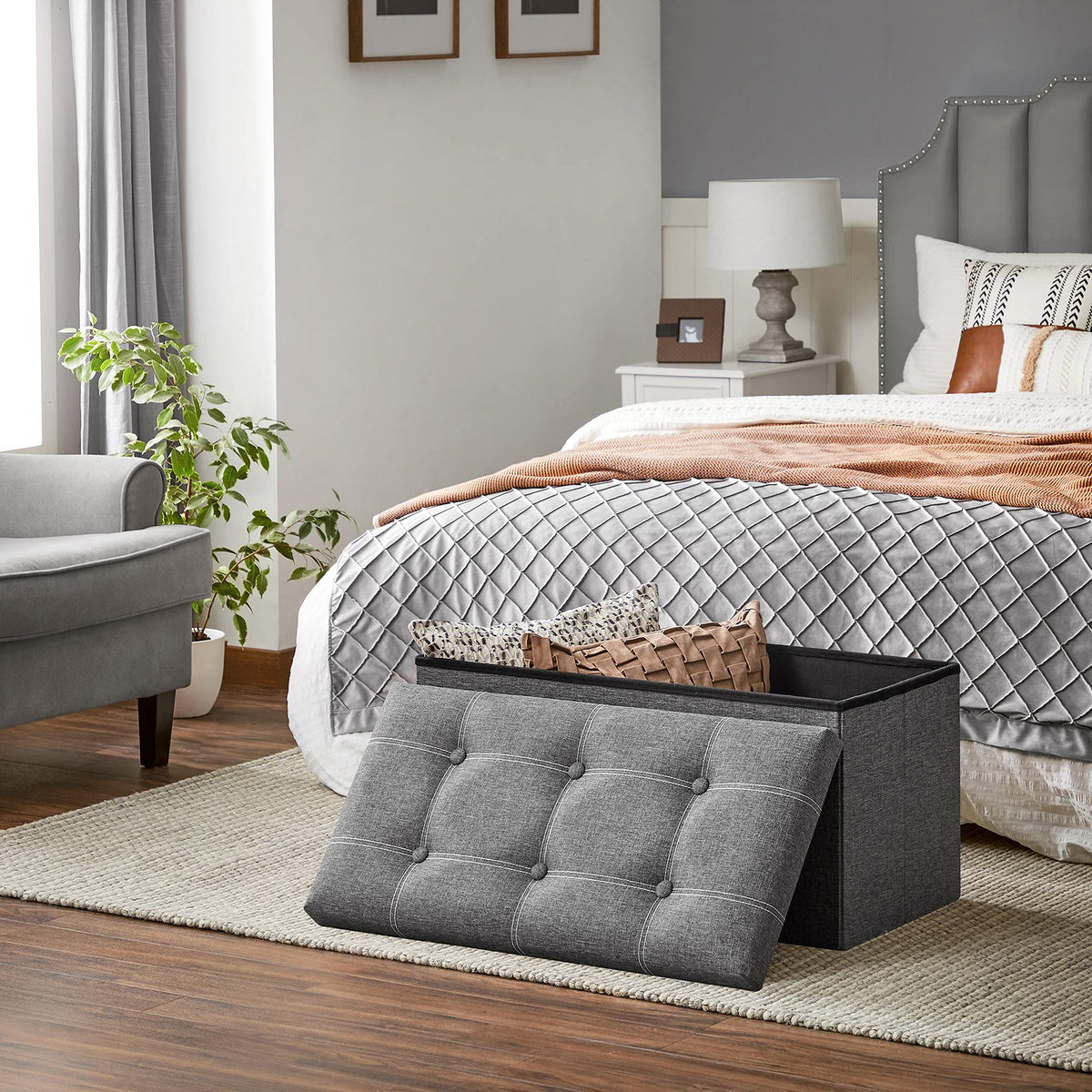 Tufted Storage Ottoman, 21 Gallon Folding Chest, Dark Gray and White
