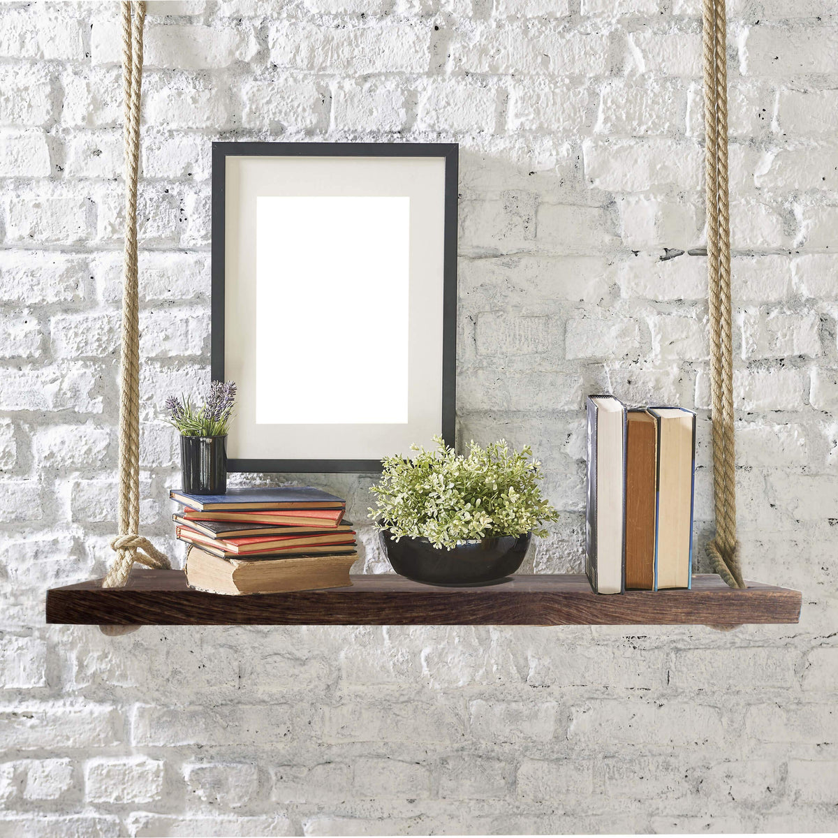 Rope Hanging Wood Shelves, 2 Pack, 16.5 Inch, Dark Brown with Hooks