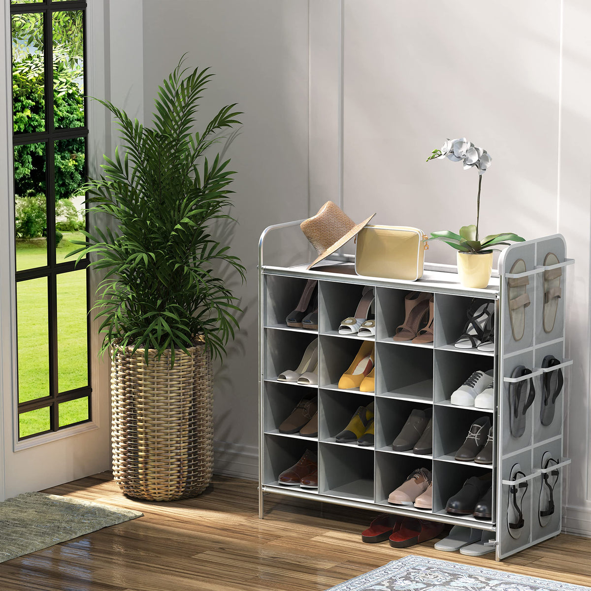 16 Cube Shoe Cubby Rack, 4 Tier, Gray, with Side Pockets