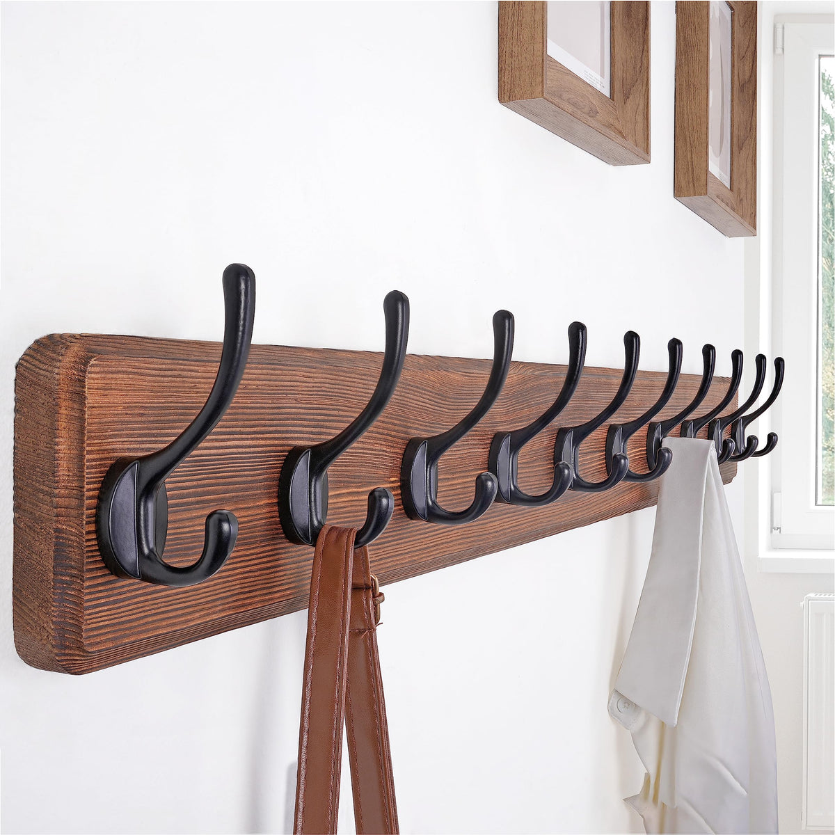 Rustic Wood Coat Rack, 38 Inch, 10 Hooks, Brown and Black
