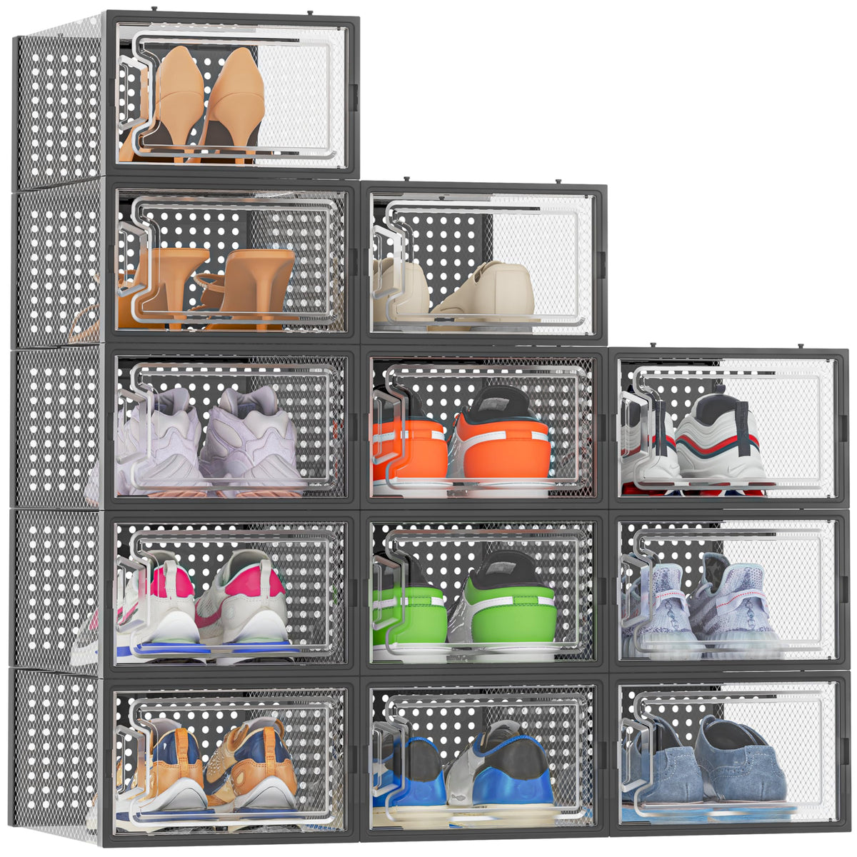 Stackable Shoe Boxes with Clear Doors, 12 Pack, Large, Black