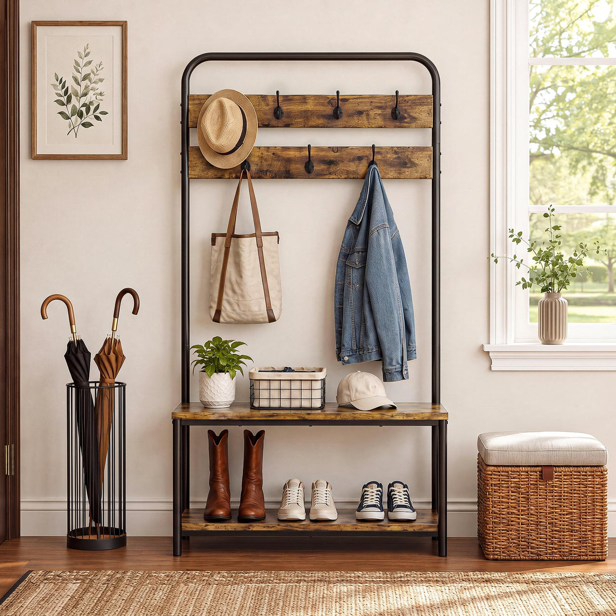Narrow Hall Tree with Bench and Shoe Shelf, 31.3 Inch, Rustic Brown