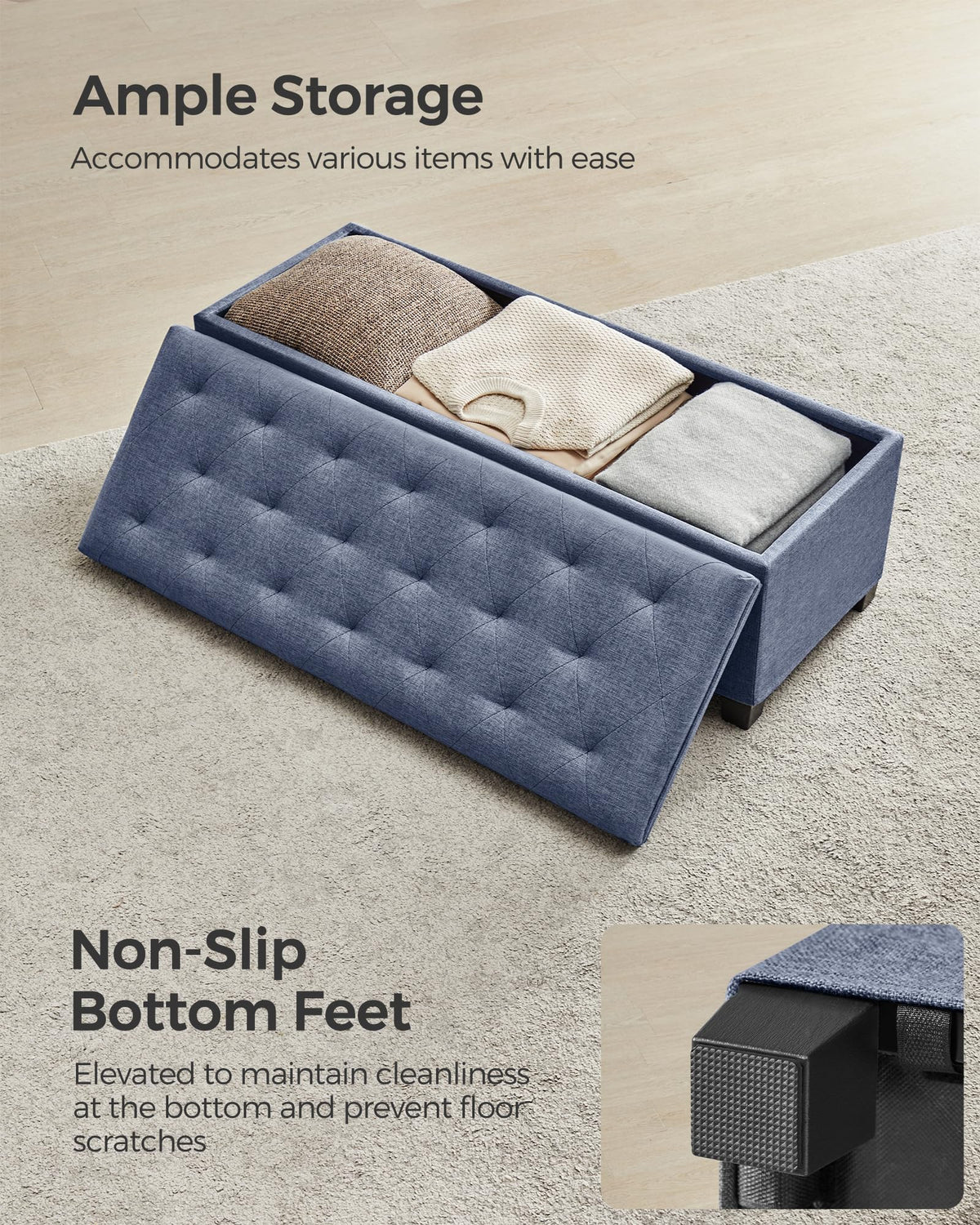 Light Denim Blue Storage Ottoman, 43.3 Inch, Tufted with Legs