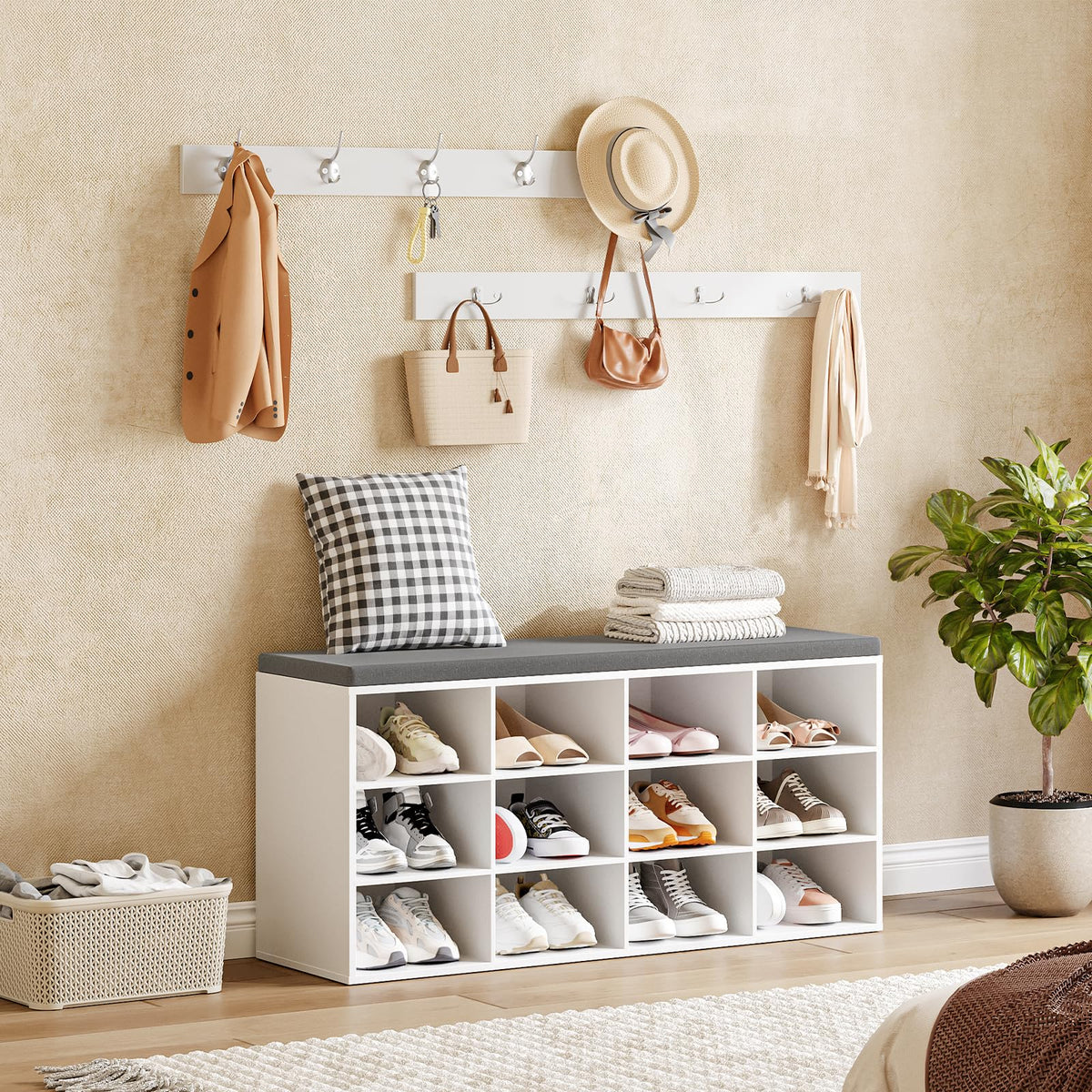 12 Cubby Shoe Bench with Padded Seat and Hooks, White and Gray