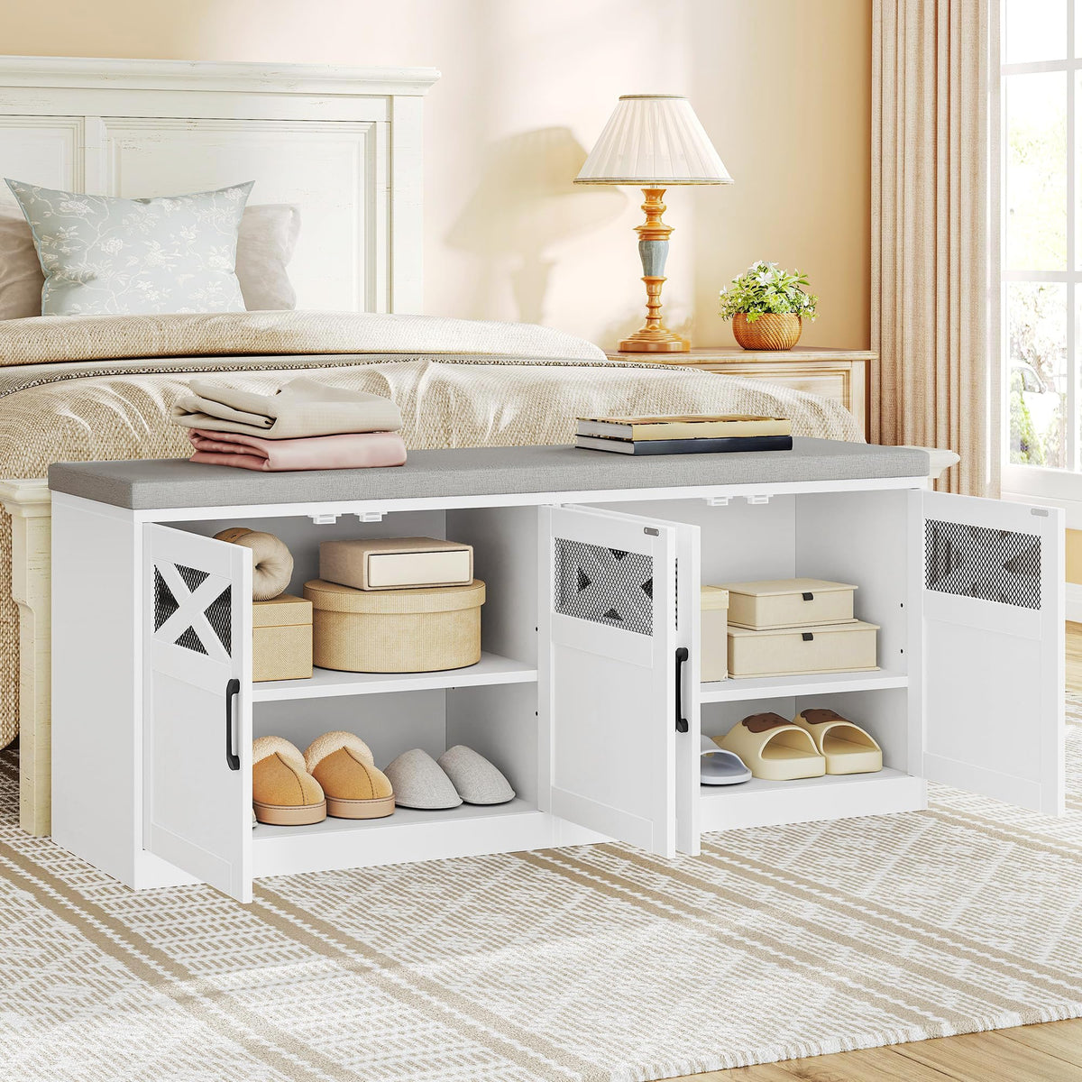 Shoe Storage Bench with 4 Barn Doors and Cushion, 47.2 Inch, White