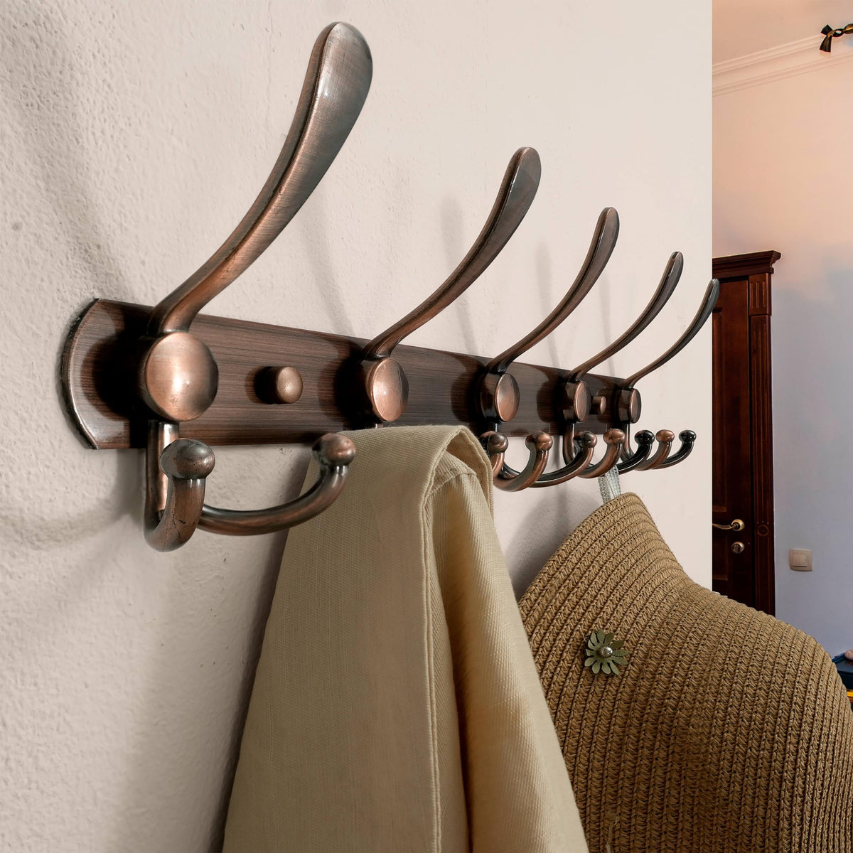 Antique Copper Coat Hook Rail, 16 Inch, 5 Tri Hooks