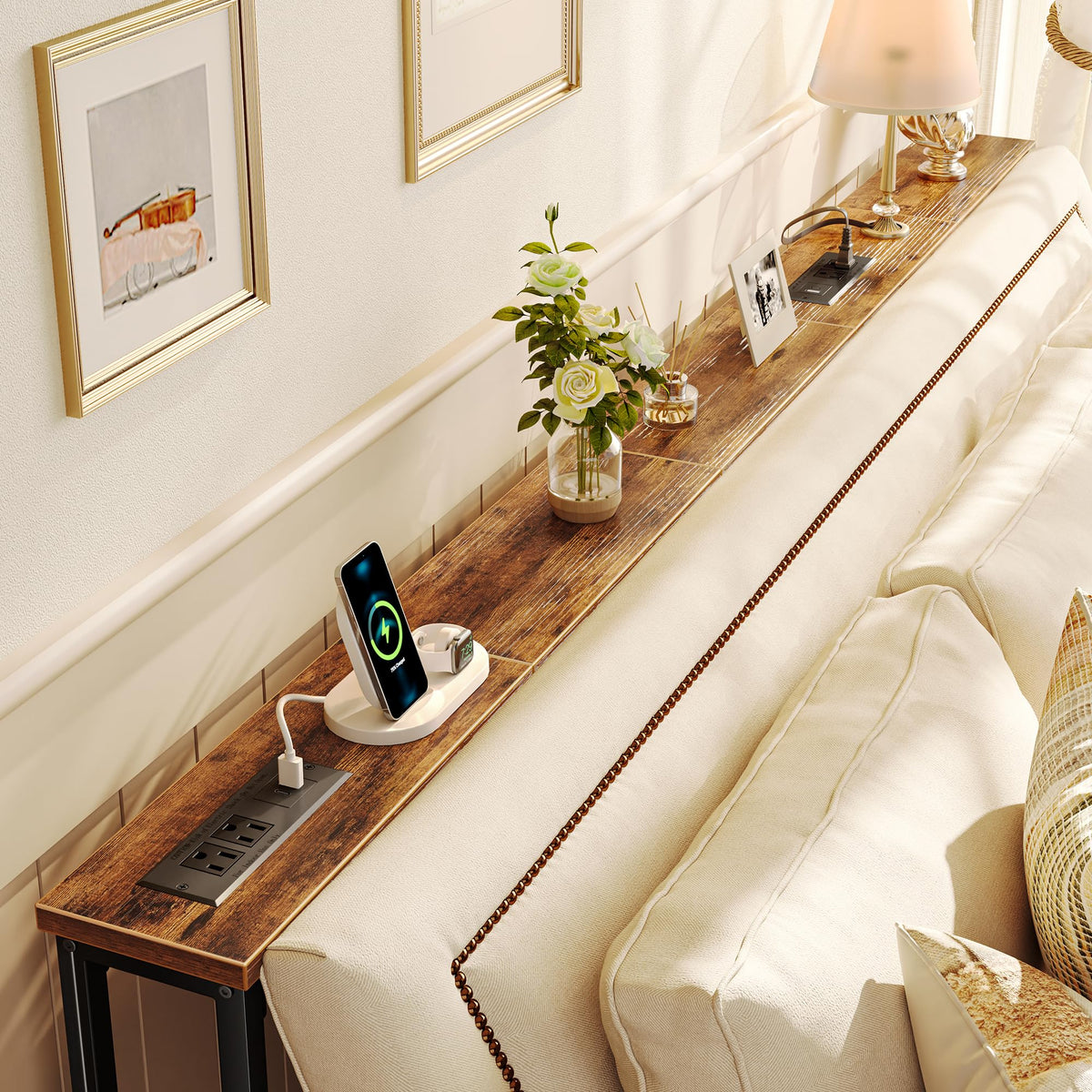 Narrow Sofa Table with Power Outlets, 78.7 Inch Long, Rustic Brown