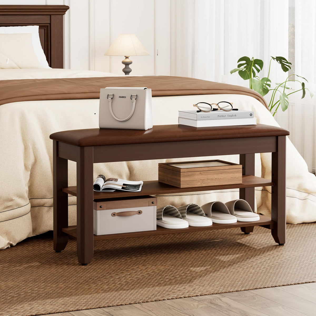 Solid Wood Shoe Bench with Flip Top Storage, Walnut, 31.5 Inch