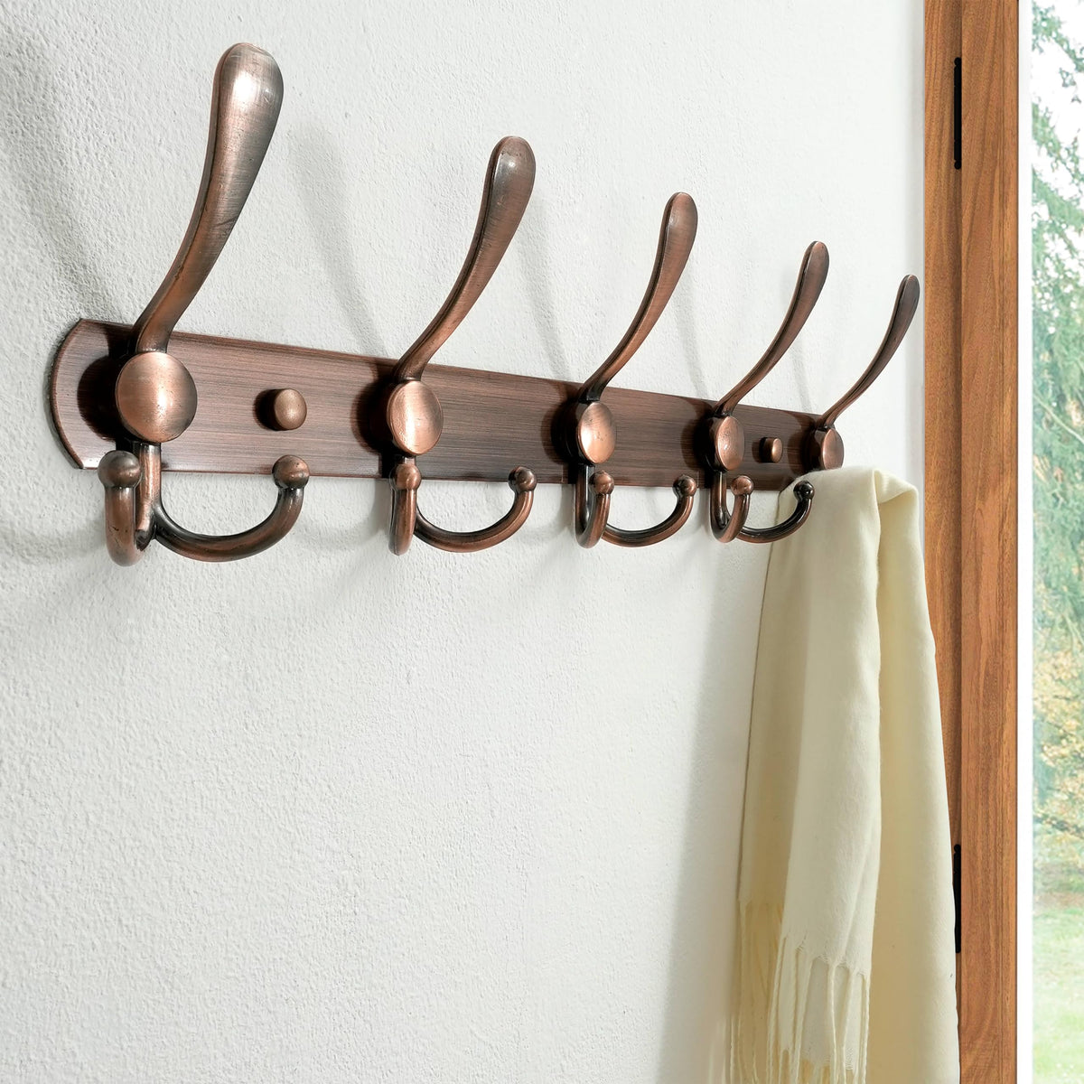 Antique Copper Coat Hook Rail, 16 Inch, 5 Tri Hooks
