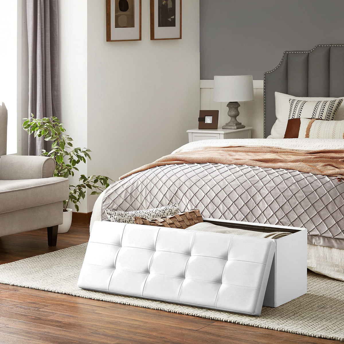 White Faux Leather Storage Ottoman with Flip Lid, 43 Inch Folding