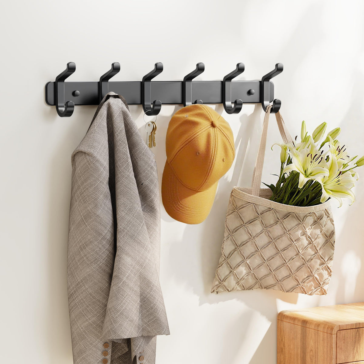 Black Metal Wall Mounted Coat Hook Racks, 2 Pack