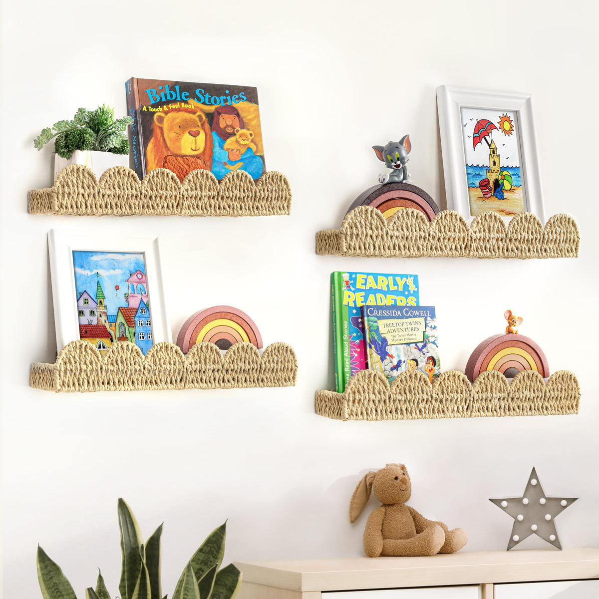 Scalloped Woven Picture Ledge Shelves, Set of 4, 15.7 Inch, Beige