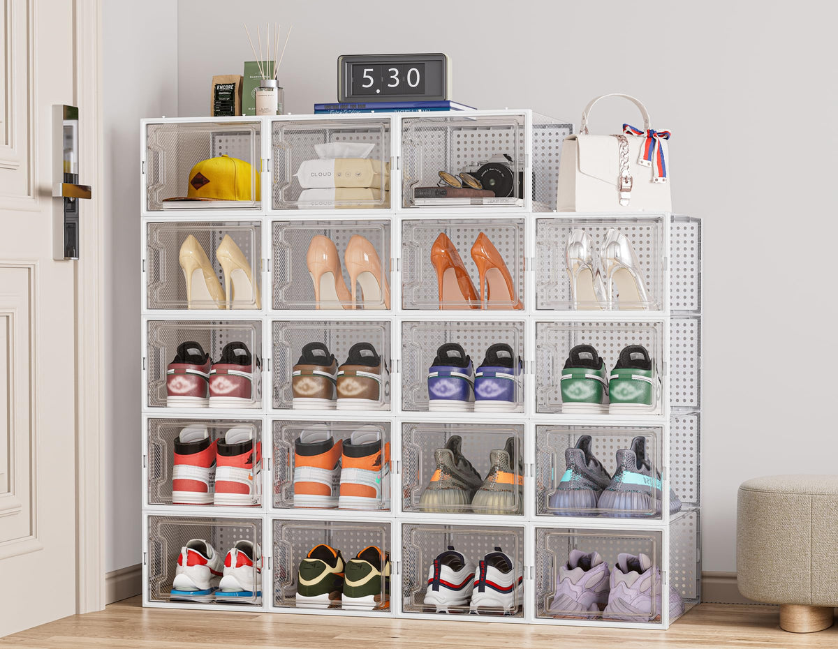 Clear Stackable Shoe Boxes, XL, 12 Pack, White Plastic