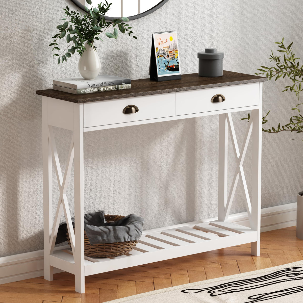 White Console Table with Drawer and Slatted Shelf, X-Frame