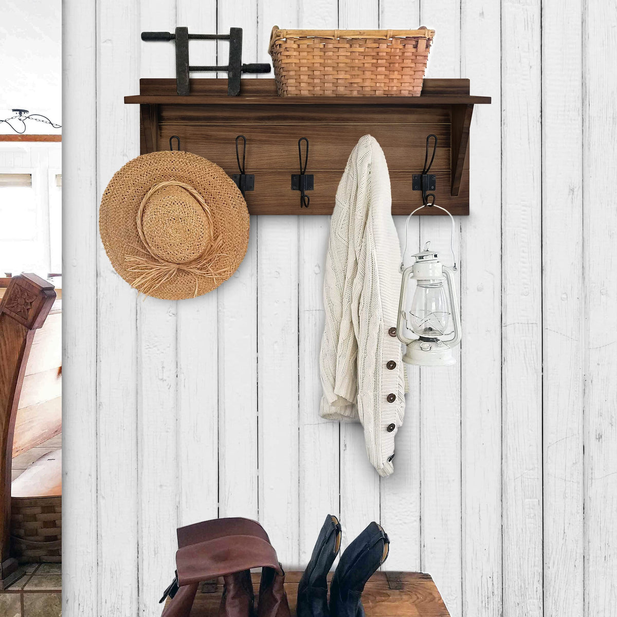Rustic Brown Pine Wall Coat Rack with Shelf, 5 Hooks, 24 Inch