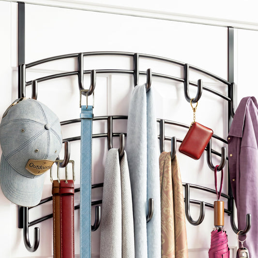 14 Hook Over the Door Rack, 3 Tier Steel Hanger for Coats, Black