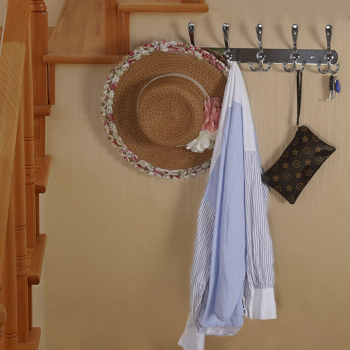 Chrome Wall Coat Hook Rail, 5 Tri Hooks, 16 Inch, Pack of 2