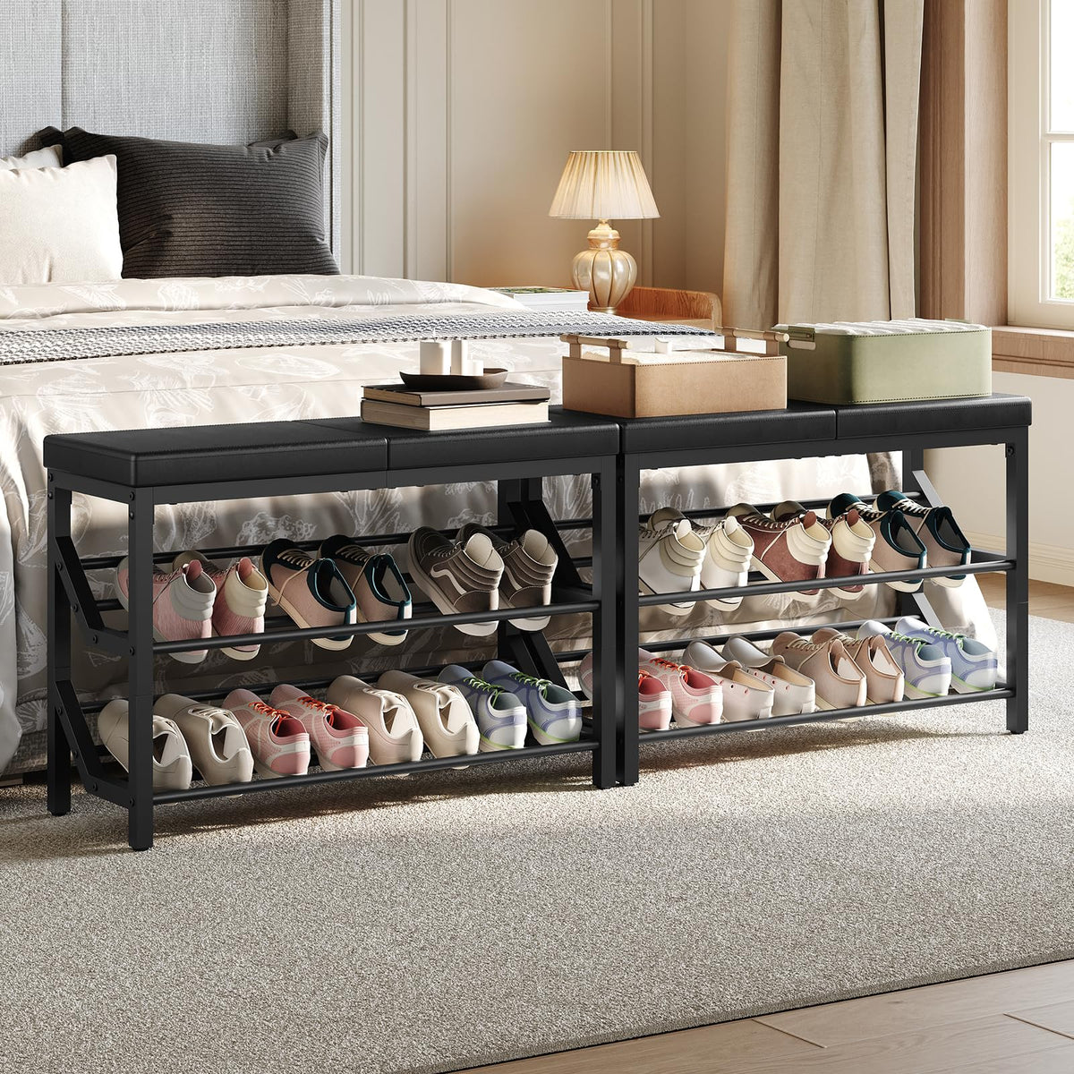 Black Shoe Bench with PU Leather Cushion and 2 Slanted Shoe Shelves