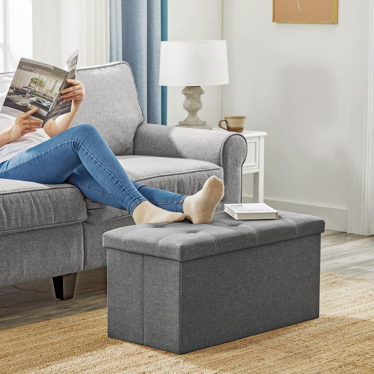 Tufted Storage Ottoman, 21 Gallon Folding Chest, Dark Gray and White