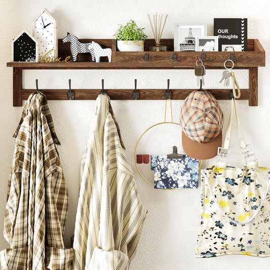 Brown Wood Entryway Shelf with 7 Double Coat Hooks and 4 Key Hooks
