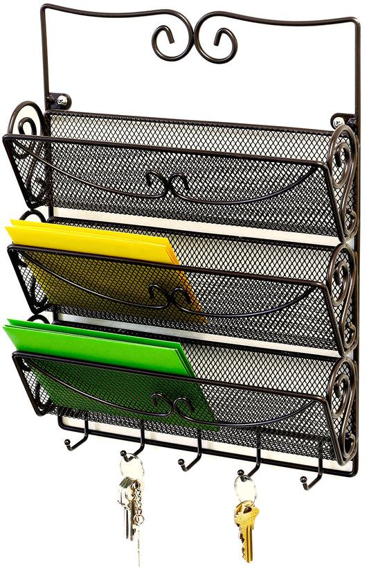 Bronze Wall Mail Sorter with 5 Key Hooks, 3 Slot Metal Organizer